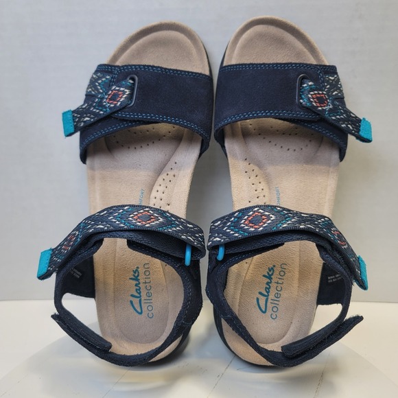 Clarks Flats Sandal Shoes Amanda Sprint Blue Suede Comfort Sporty Strap - Picture 12 of 14